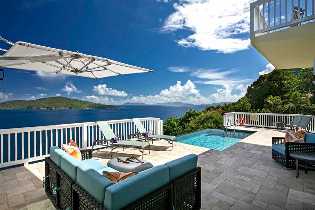 Outdoor pool area with ample shade will keep tile flooring cool