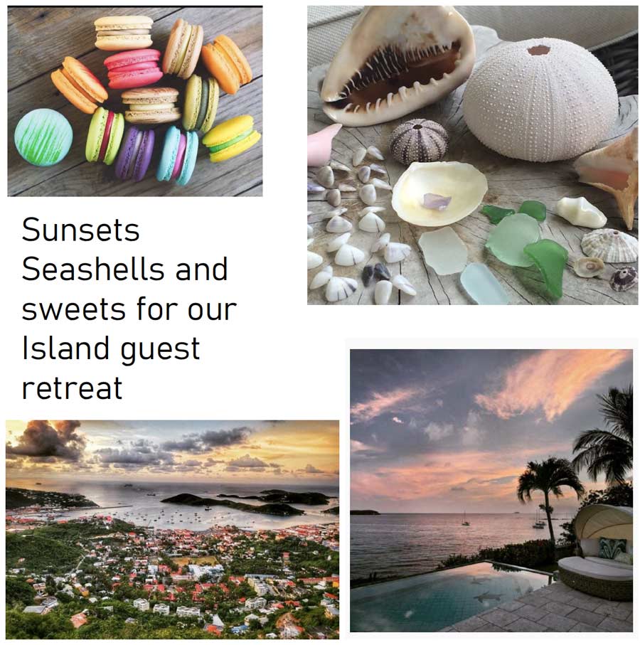 Mood board inspiration elements of sea shells, sunsets, and colorful macarons.