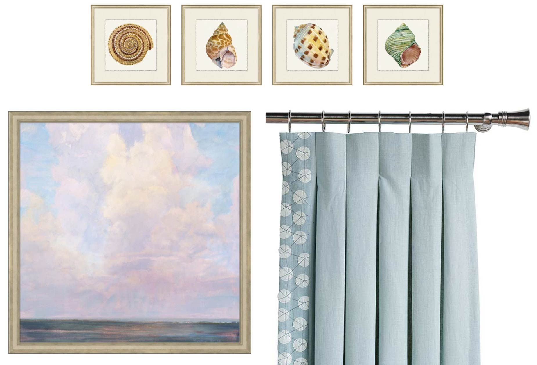 Mood Board Accessories include Framed prints of tropical scenery and curtains with tropical prints