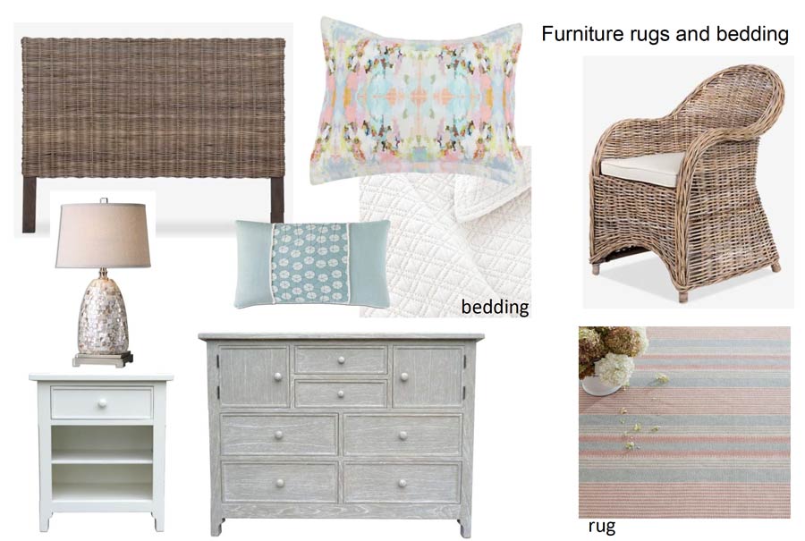 Key Mood board pieces including large furniture pieces that will go in a room. Couches, colorful accent pillows, vintage lamp and dresser.