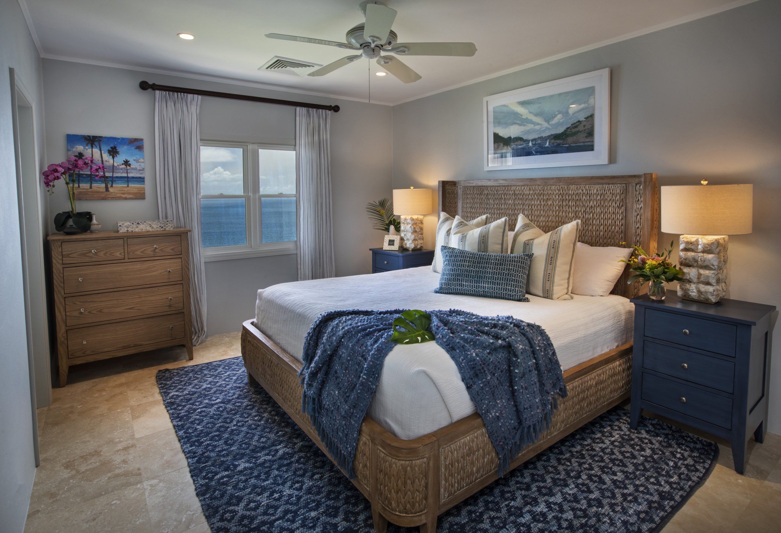 Guest bedroom that has gat creek, lexington furniture and annie selkie easy care bedding. Custom blinds with lined drapery sheer