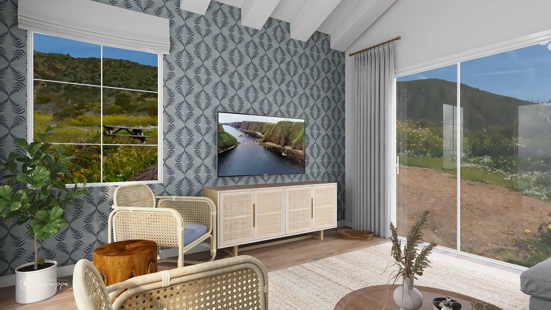 Blue and white living room fern leaf grasscloth wallpaper