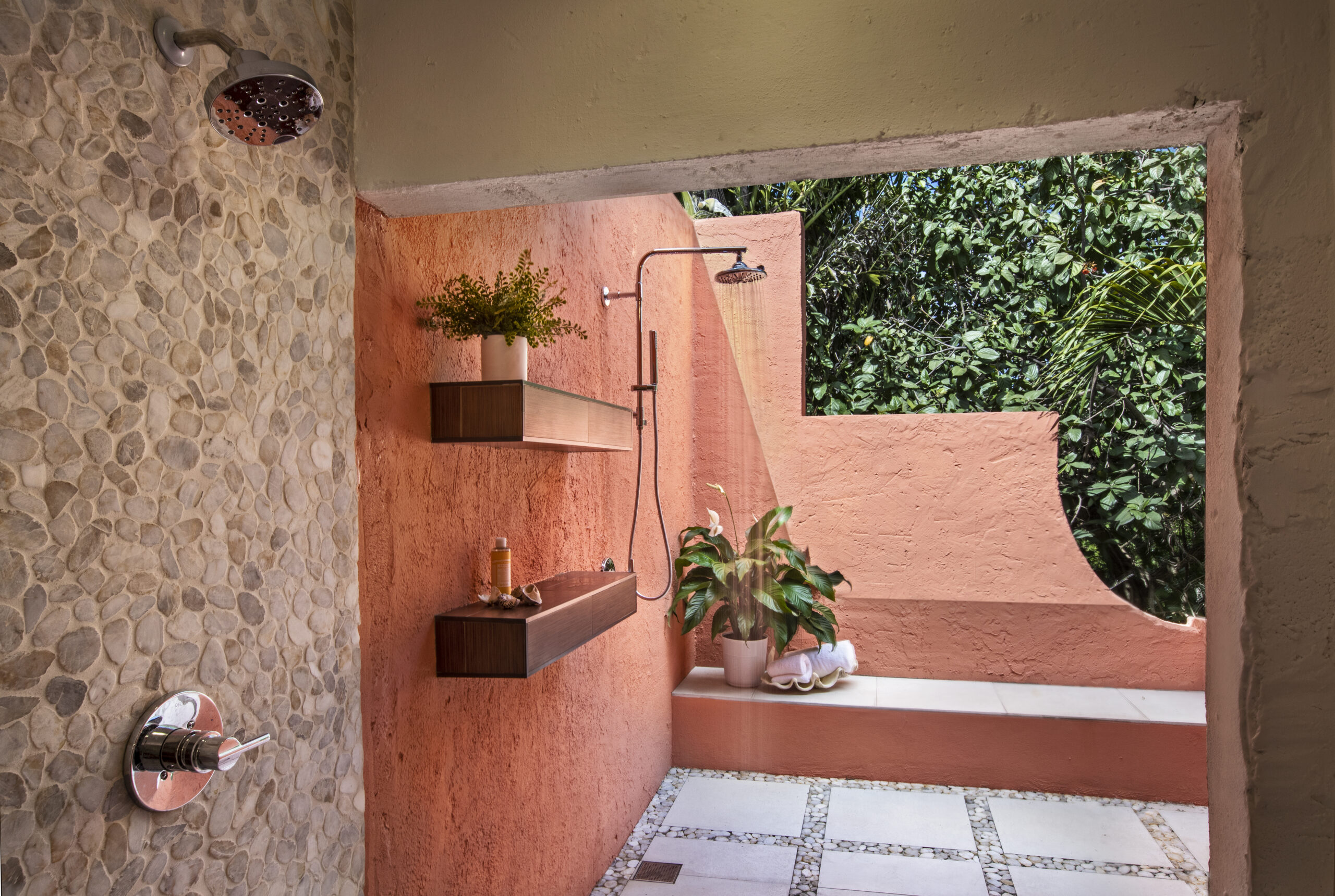 Outdoor rain style shower head surrounded by the beauty of St. Thompas