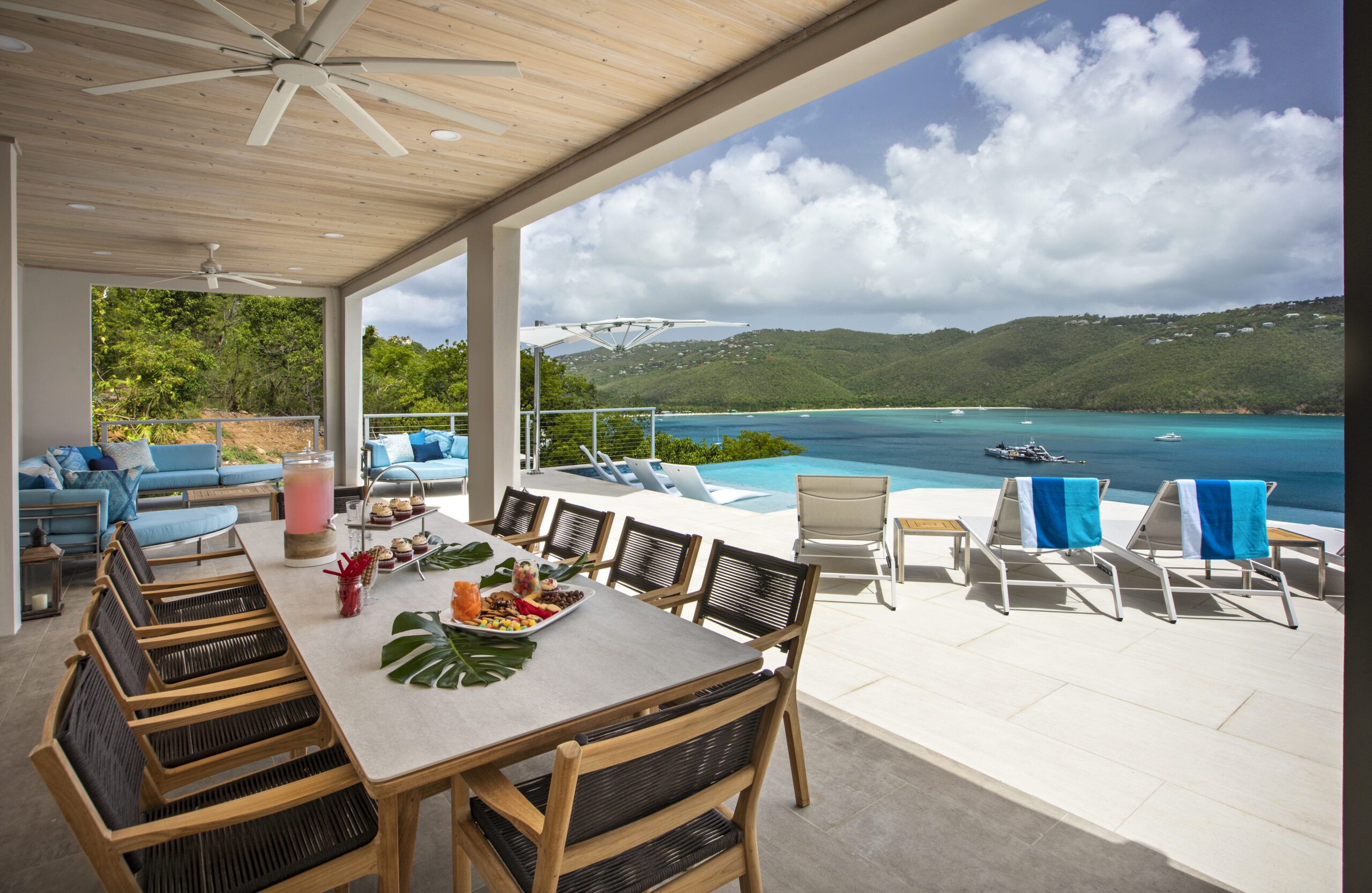 Outdoor Patio Design with Poolside views backed by ocean and island nature