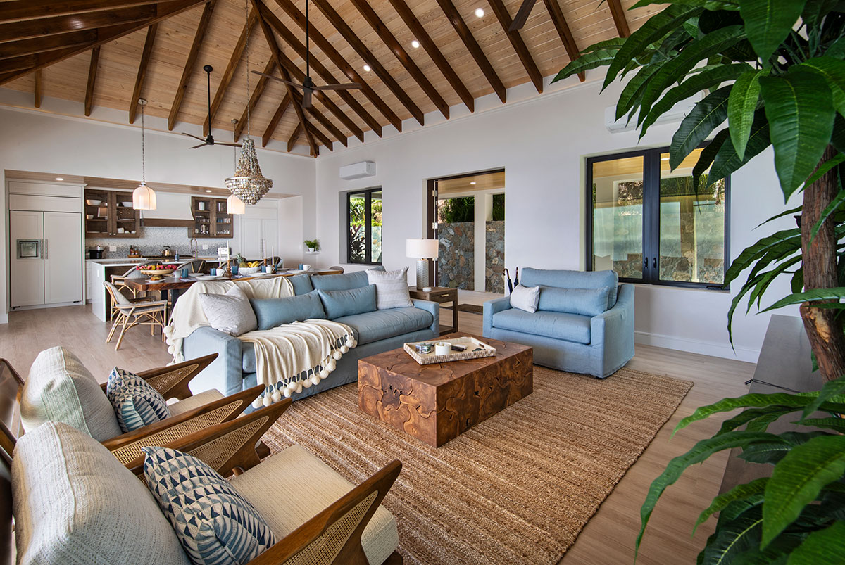 warm wood drenching inspired living room and kitchen