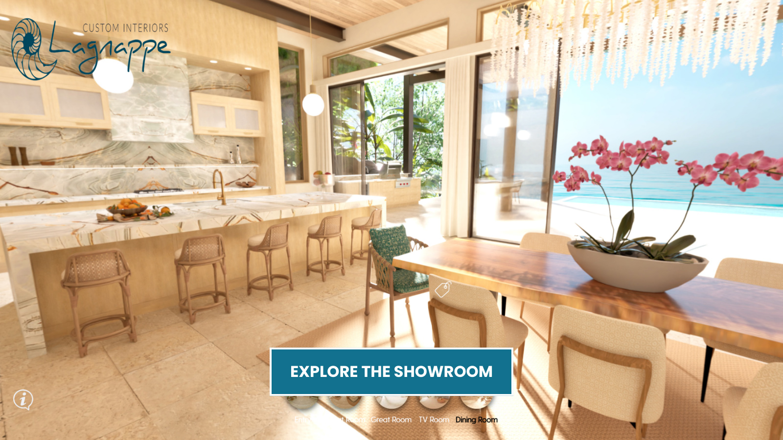 Virtual interior design showroom featuring starboard lane textiles and room designed by Lagnappe