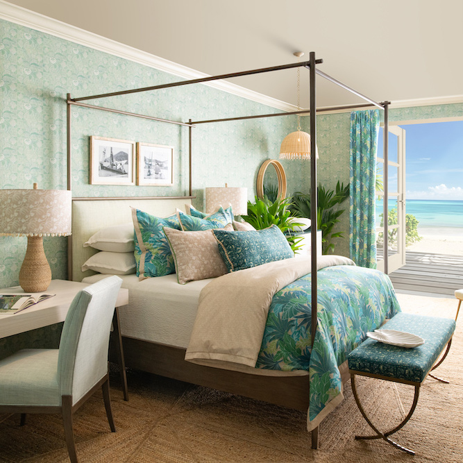 Staboard Lane Fabrics and wallpaper shown on bedroom furniture and walls