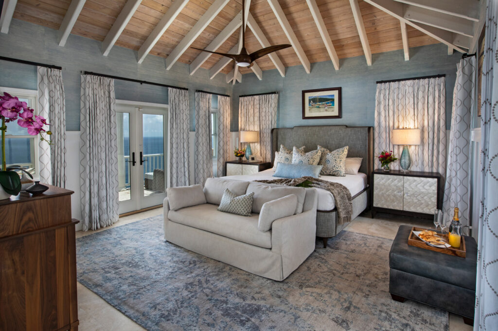 patterned drapery in a layered interior design