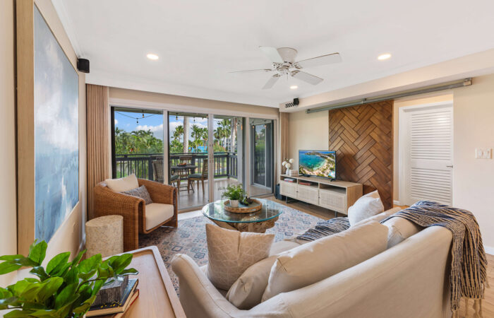 cohesive color palette living room after condo refurnishing service